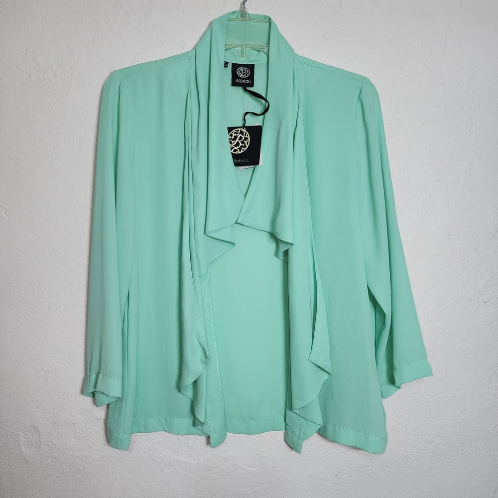 Bobeau Draped Open‎ Front Cardigan Medium Mint Green New Waterfall Layer